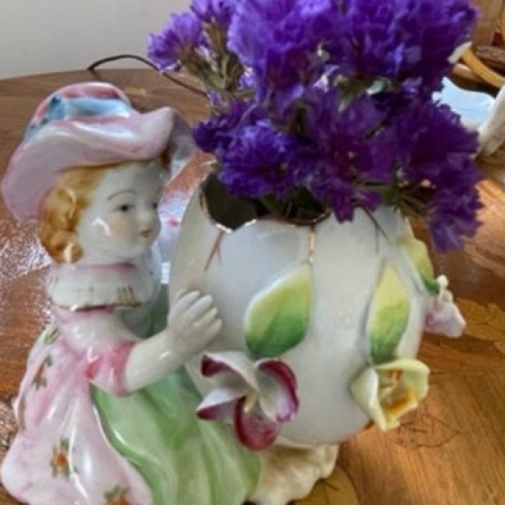 Adorable Handpainted Gilded Porcelain Springtime Figurine Vase of Little Girl